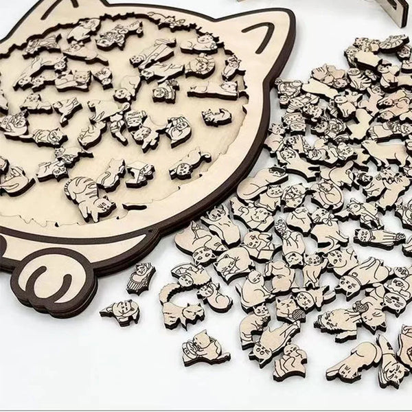Whimsical Cat-shaped Wooden Jigsaw Puzzle