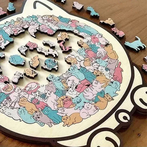 Whimsical Cat-shaped Wooden Jigsaw Puzzle