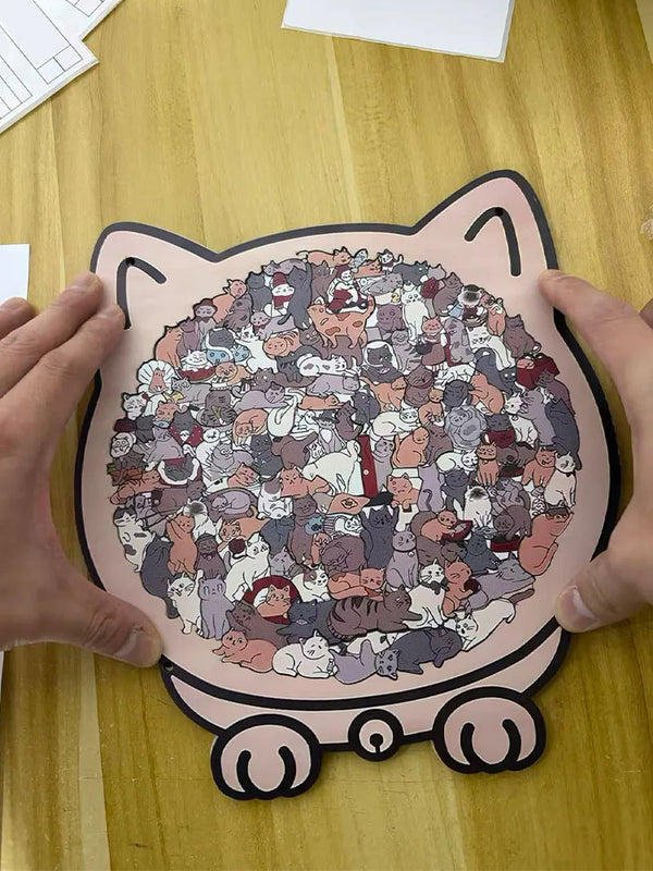 Whimsical Cat-shaped Wooden Jigsaw Puzzle