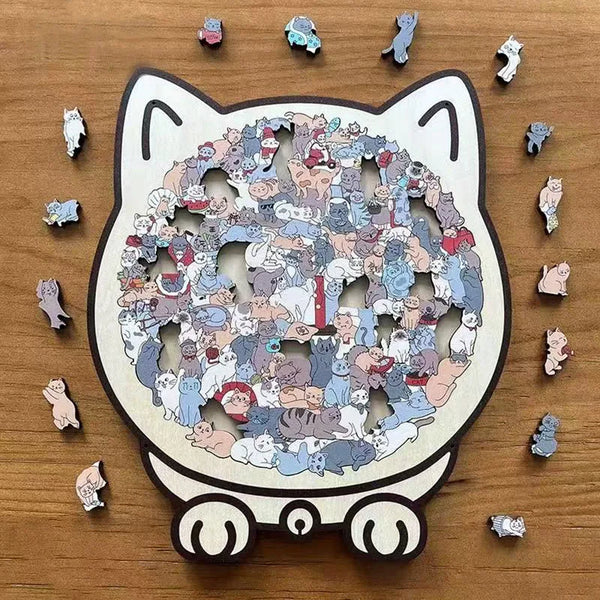 Whimsical Cat-shaped Wooden Jigsaw Puzzle