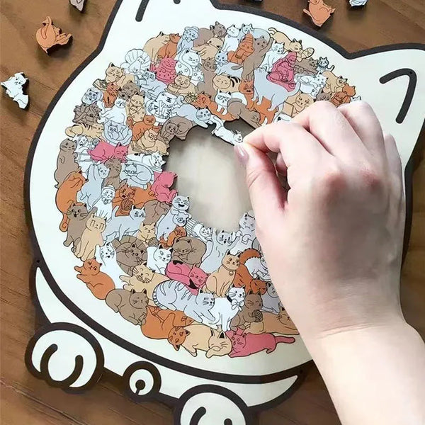 Whimsical Cat-shaped Wooden Jigsaw Puzzle
