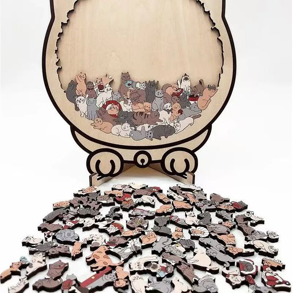 Whimsical Cat-shaped Wooden Jigsaw Puzzle